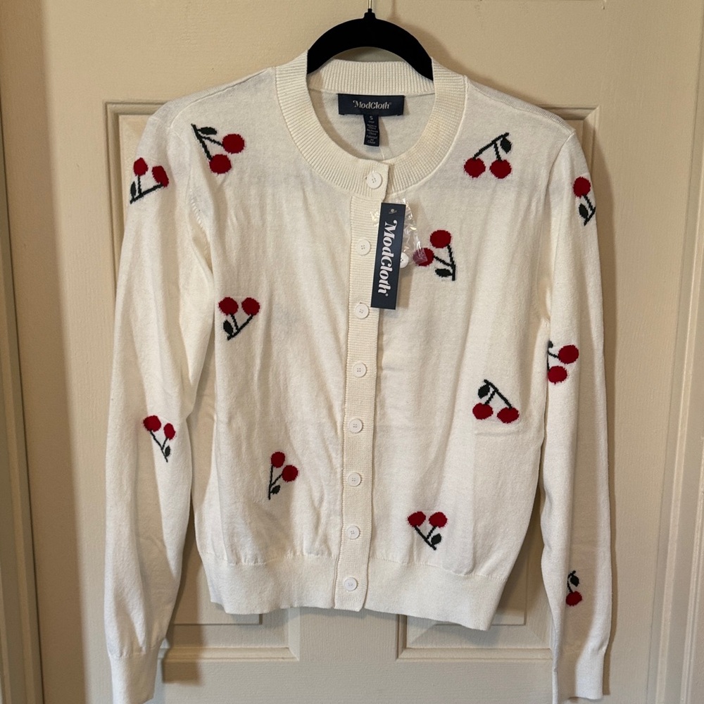 Modcloth Cream Cardigan with Red Cherry Motif - Picture 2 of 4